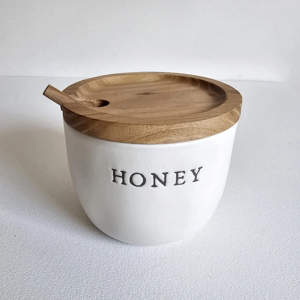 Heart & Hand With Magnolia Stonewear White Honey Jar Acacia Wooden Dipper & Lid